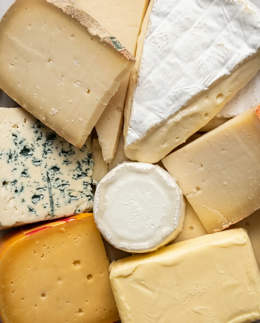 Assortiment de fromages : comté, brie, bleu, chèvre, gouda et beurre