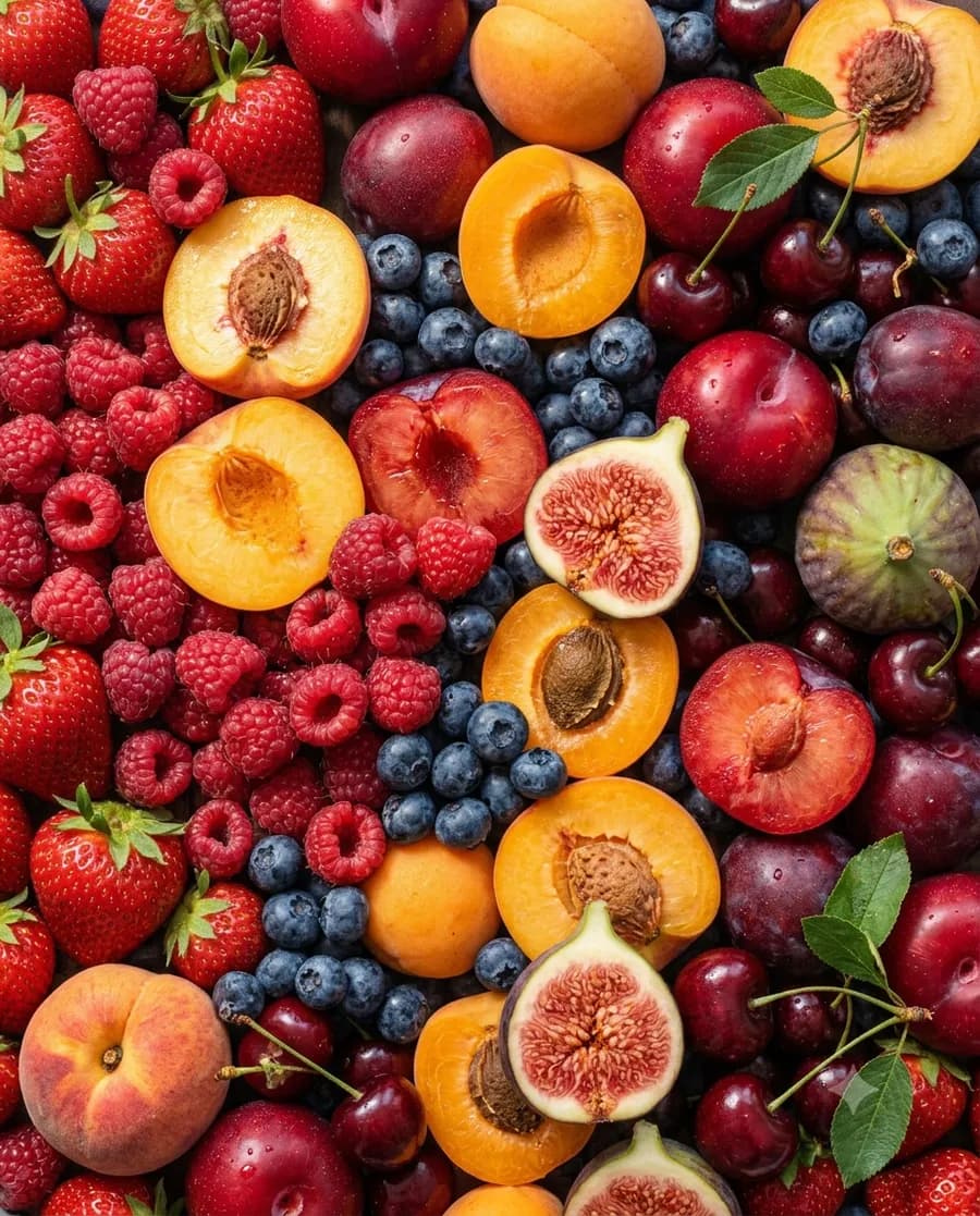 Assortiment de fruits de saison : fraises, framboises, abricots, figues, myrtilles