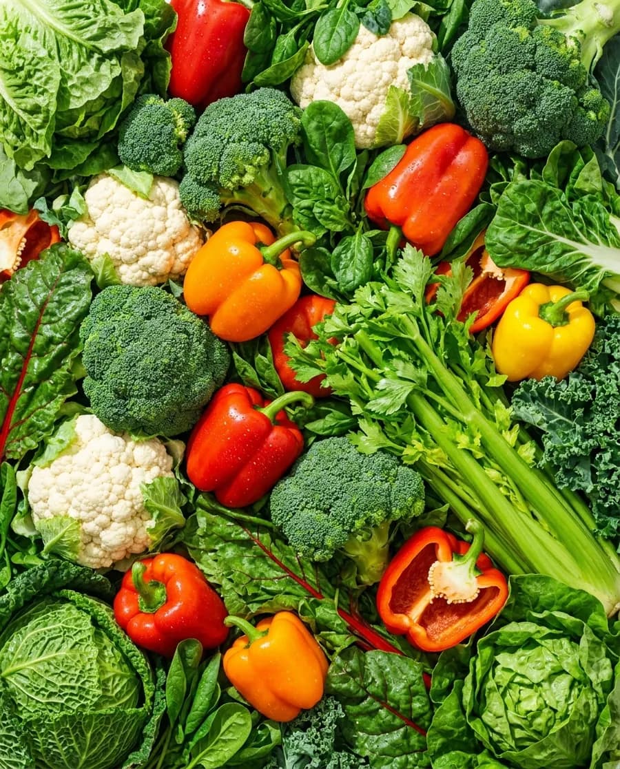 Assortiment de légumes frais : brocolis, poivrons, chou-fleur, salade